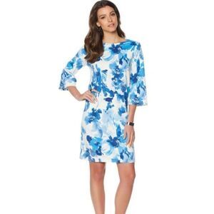 Hal Rubenstein Michaela Floral Ponte Dress Size XL Blue Garden 3/4 Flare Sleeve